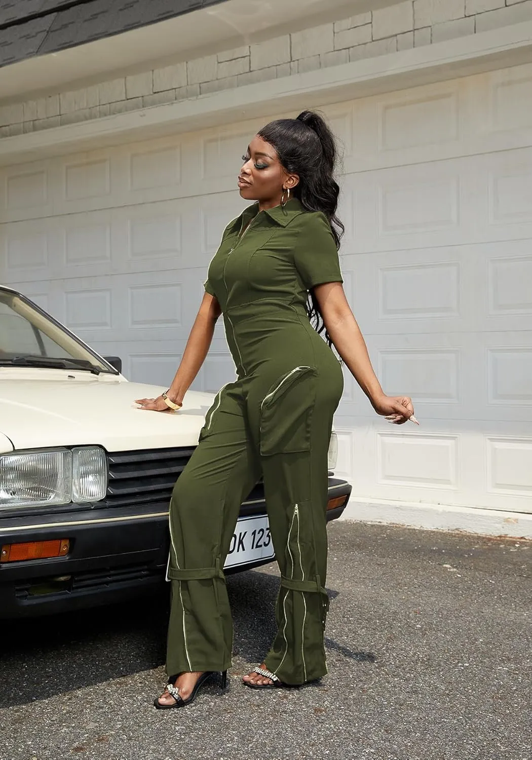 LKOUS Cargo Jumpsuits for Women Dressy, Sexy Short Sleeves V Neck Zipper One Piece Outfits with Pockets