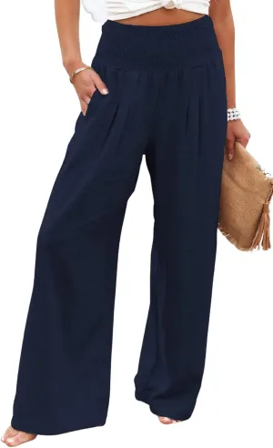 loveimgs Women's Boho Cotton Linen Wide Leg Lounge Pants Elastic Waist Beach Palazzo with Pocket