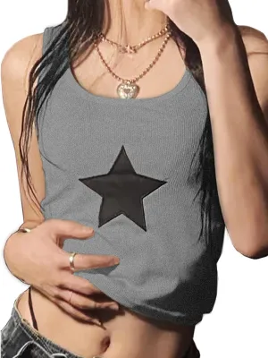 LQI Women's Tank Tops Vintage Racerback Crop Tops Star Embroidered Rib Y2K Sleeveless Summer Tops