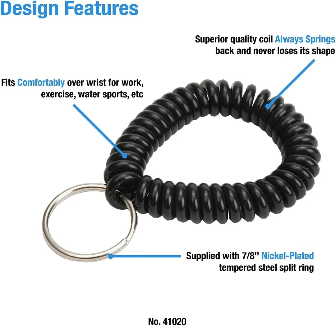 Lucky Line 2 Diameter Spiral Wrist Coil with Steel Key Ring, Flexible Wrist Band Key Chain Bracelet, Stretches to 12, unisex-adult, Black, 1 PK (410201)