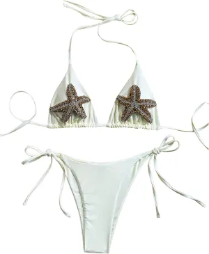 MakeMeChic Women's Halter Triangle Thong Bikini Sets High Cut Swimsuit Bathing Suit Swimwear