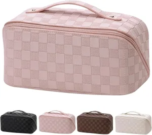 Makeup Bag, Upgrade Make Up Bags Large Capacity Travel Cosmetic Bag Lay Flat Makeup Bag Organizer Portable Waterproof Leather Large Makeup Bags for Women,Pink