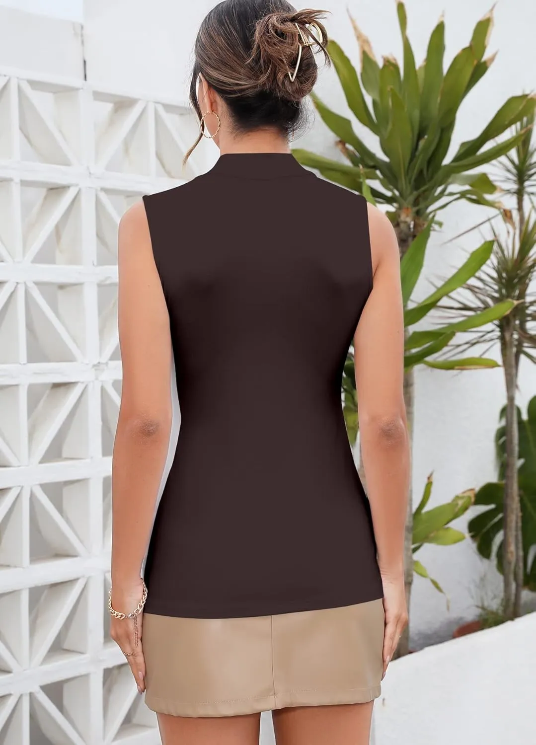 MANGDIUP Women's Mock Turtleneck Long Sleeve Sleeveless Tops Basic Slim T-Shirts