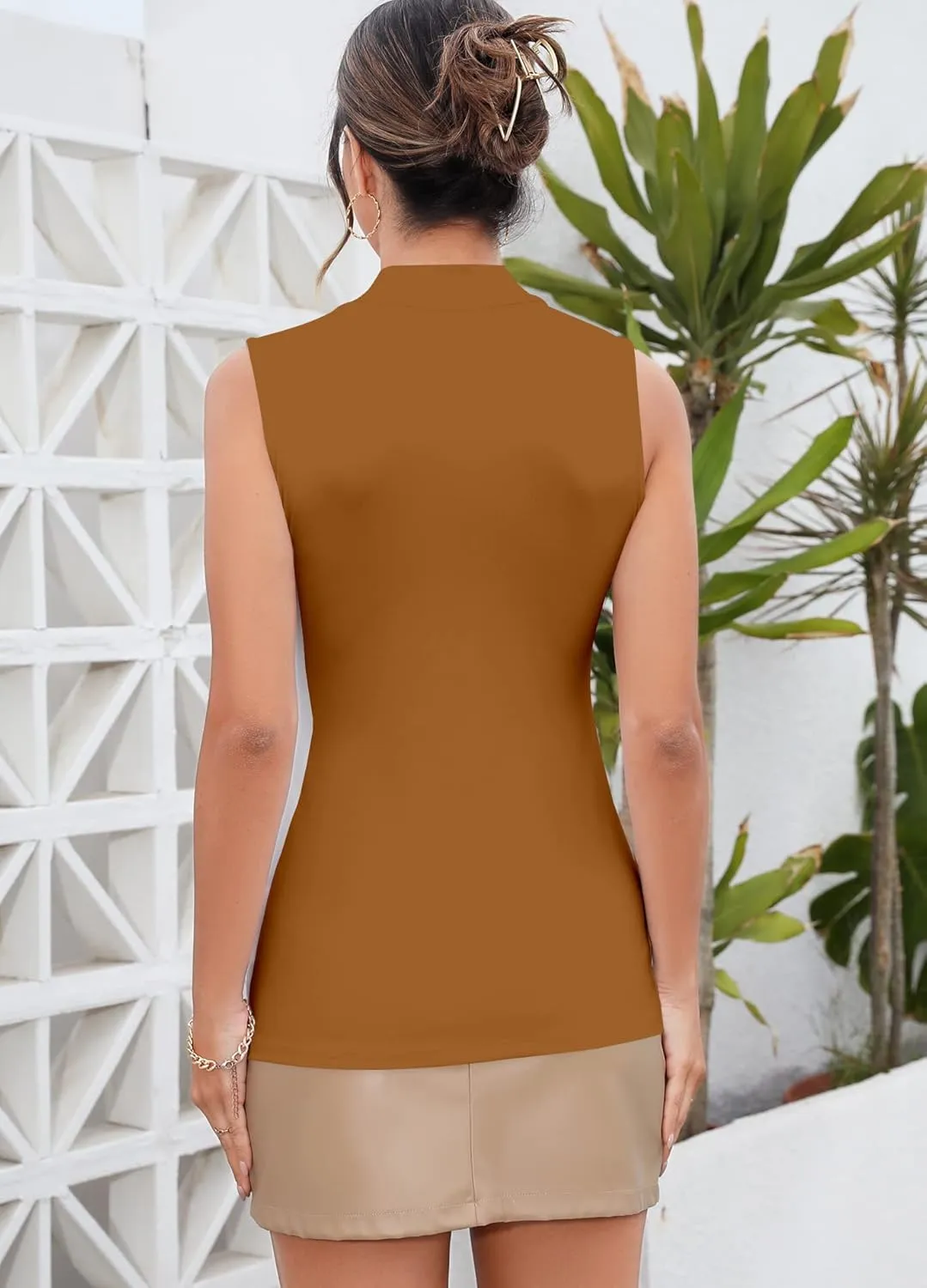 MANGDIUP Women's Mock Turtleneck Long Sleeve Sleeveless Tops Basic Slim T-Shirts