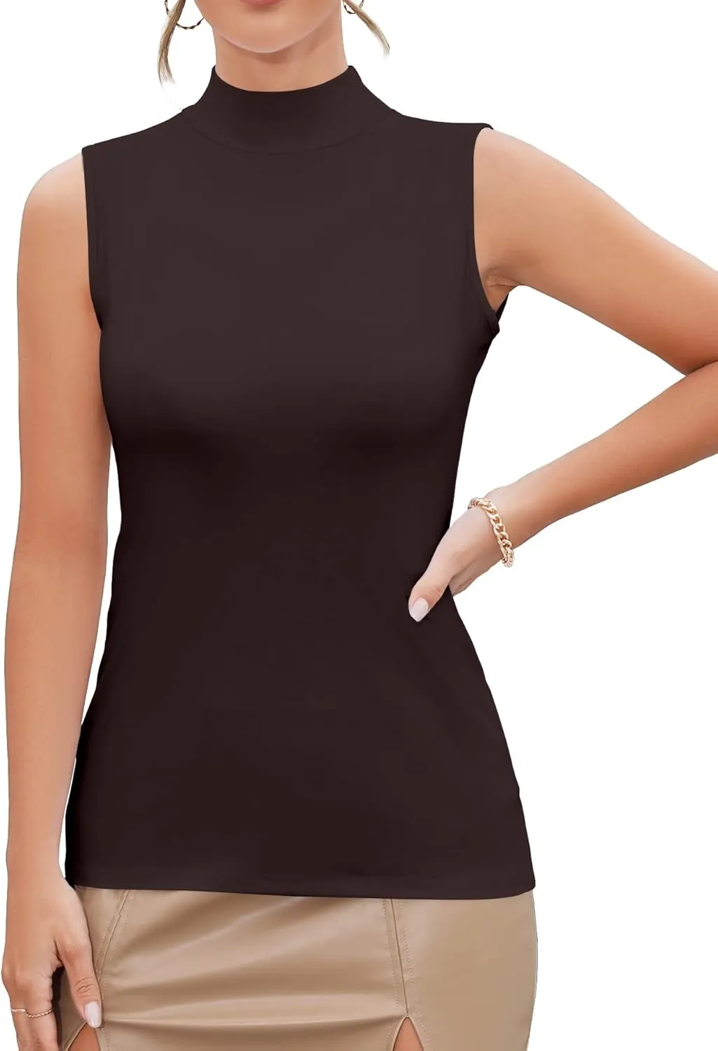 MANGDIUP Women's Mock Turtleneck Long Sleeve Sleeveless Tops Basic Slim T-Shirts