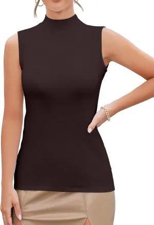 MANGDIUP Women's Mock Turtleneck Long Sleeve Sleeveless Tops Basic Slim T-Shirts