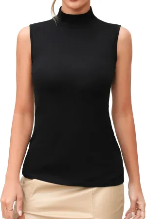 MANGDIUP Women's Mock Turtleneck Long Sleeve Sleeveless Tops Basic Slim T-Shirts