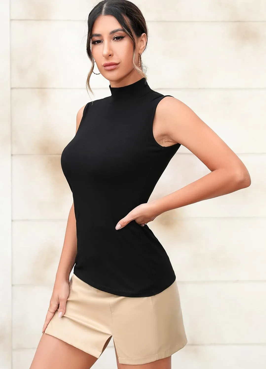 MANGDIUP Women's Mock Turtleneck Long Sleeve Sleeveless Tops Basic Slim T-Shirts