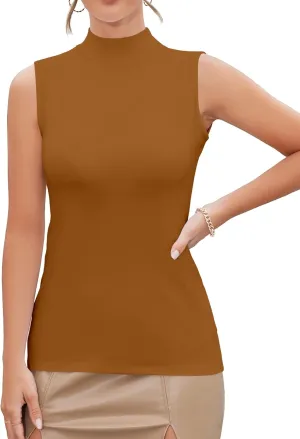 MANGDIUP Women's Mock Turtleneck Long Sleeve Sleeveless Tops Basic Slim T-Shirts