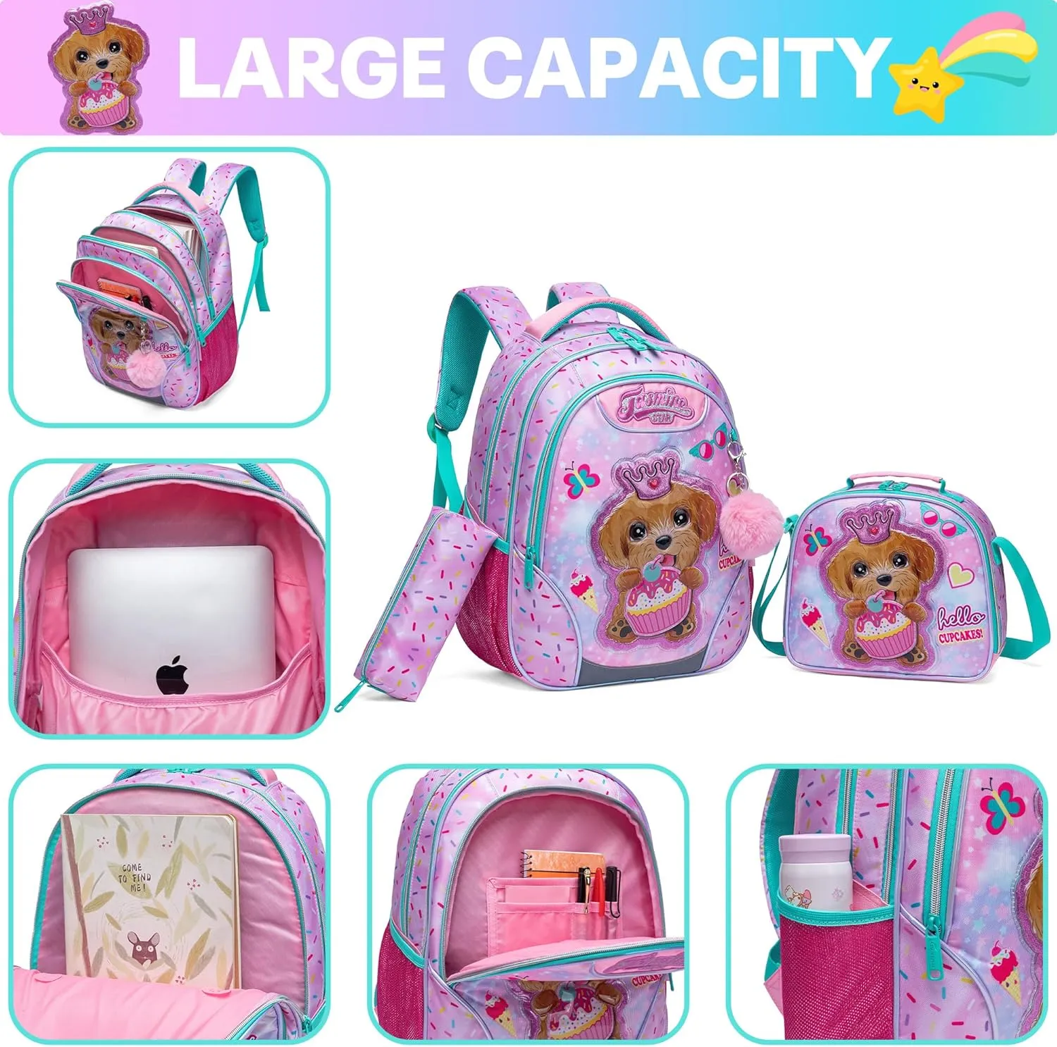 Meetbelify Backpacks for Girls School Bag Cute Girls Backpacks Ages 8-10 with Lunch Box Pencil Case Kids Bookbag Set Travel Backpack for Elementary Students Backpack to School Supplies