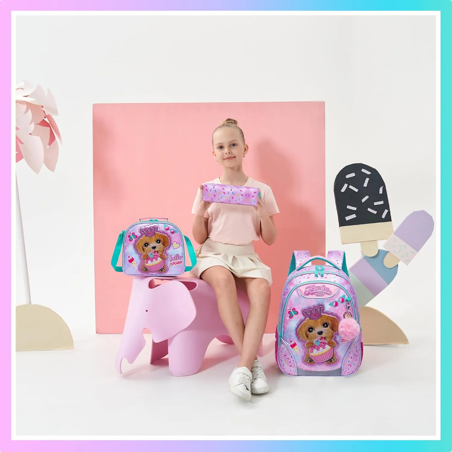 Meetbelify Backpacks for Girls School Bag Cute Girls Backpacks Ages 8-10 with Lunch Box Pencil Case Kids Bookbag Set Travel Backpack for Elementary Students Backpack to School Supplies