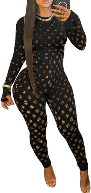 MENCCINO Sexy Club Outfits for Women One Piece Jumpsuits Long Sleeve Bodysuits Bodycon Leggings Pants Suits
