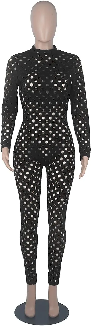 MENCCINO Sexy Club Outfits for Women One Piece Jumpsuits Long Sleeve Bodysuits Bodycon Leggings Pants Suits