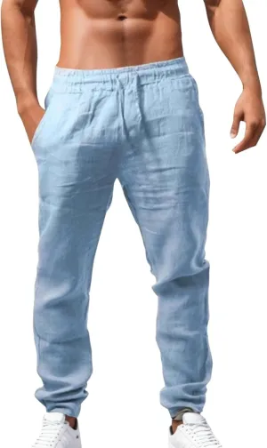 Men's Casual Cotton Linen Pants Hiking Joggers Elastic Waist Loose Fit Trousers Lightweight Yoga Beach Pants