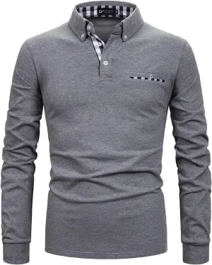 Men's Long Sleeve Polo Shirts Casual Fit Plaid Collar Cotton Golf T-Shirts