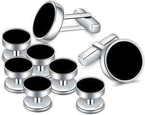 Mens Onyx Cufflinks and Studs Set Silver Black Cufflinks for Men Tuxedo Shirts Business Wedding Gift