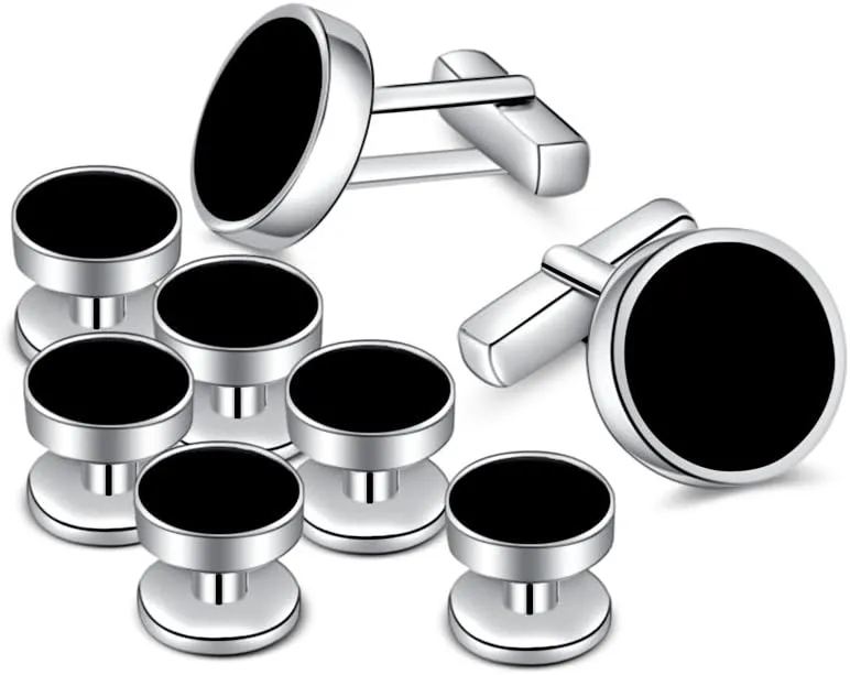Mens Onyx Cufflinks and Studs Set Silver Black Cufflinks for Men Tuxedo Shirts Business Wedding Gift