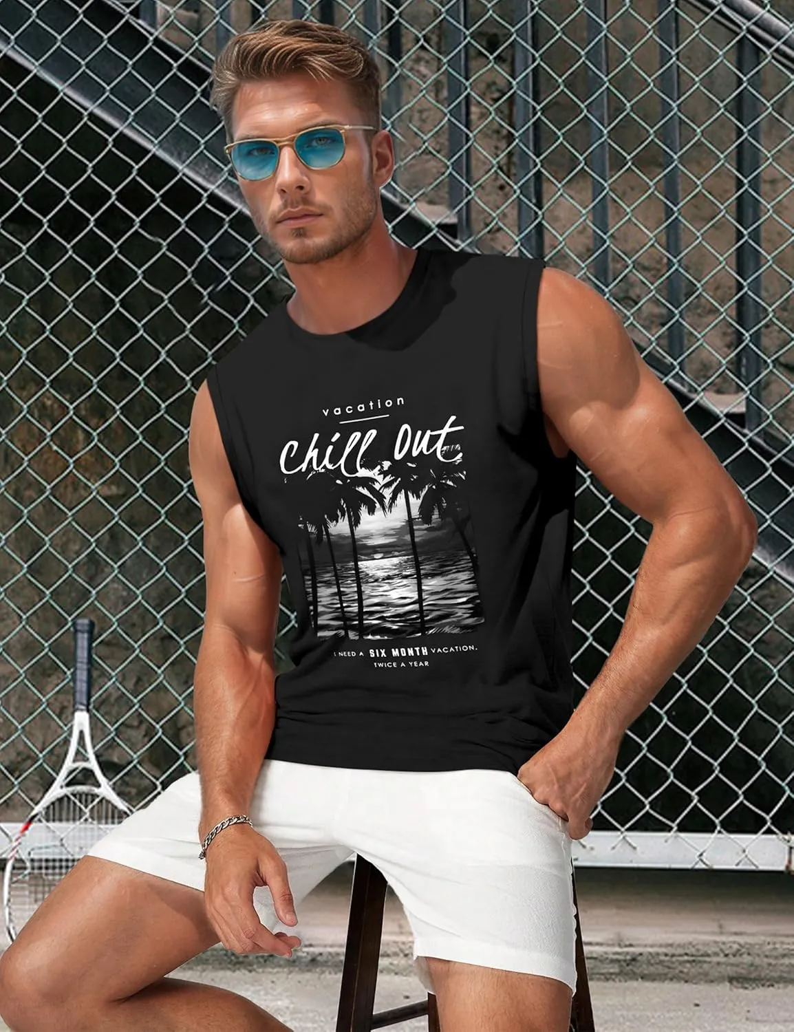 Men's Tank Tops Graphic Tank Tops for Men Summer Hawaiian Palm Tree Sleeveless Muscle Gym Shirt Mens Beach Tank Tops