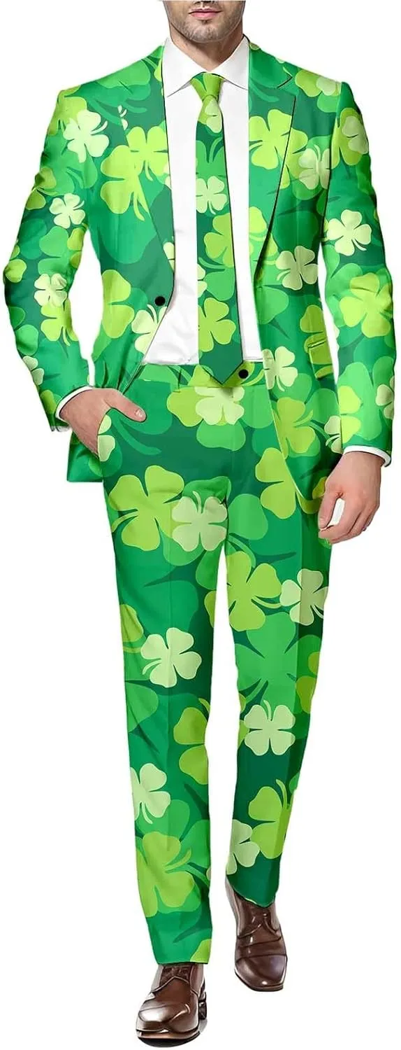 Men's Valentine's Day Slim Fit Suit 2 Piece One Button Jackets Pants Funny Printed Tuxedo Suits Sets