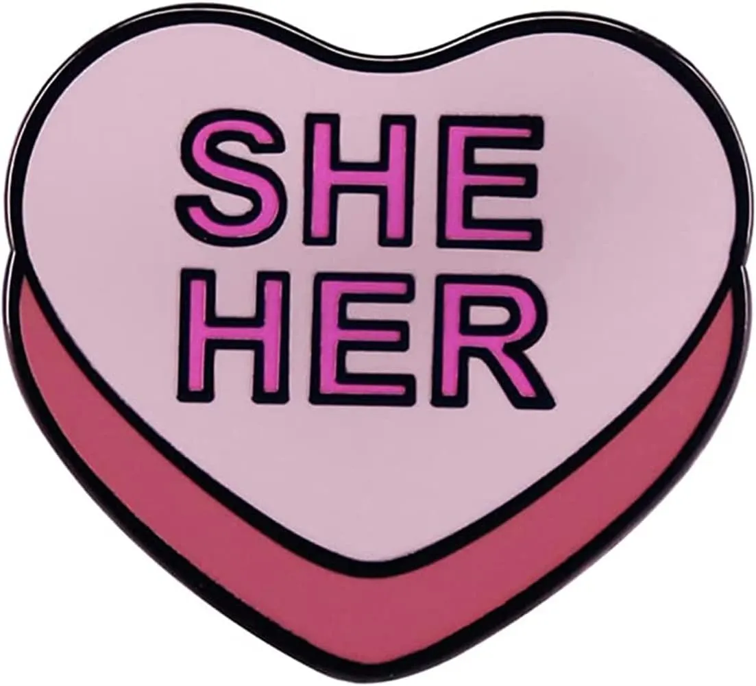 Metal Irregular Enamel Pin Ornament Her Pronoun Brooch Creative Fashion Badge with Letter Accessory for Jackets Cotton Shirt Dress Cotton Canvas Bag Denim Jacket