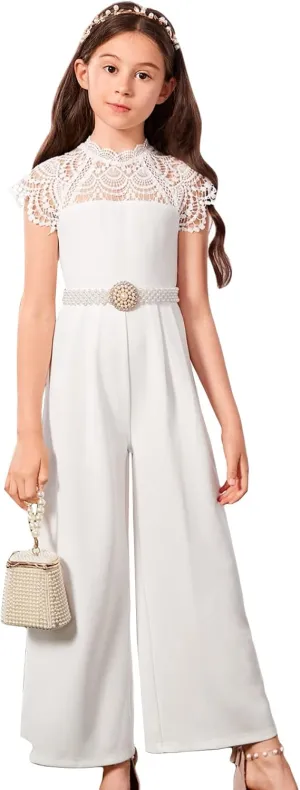Milumia Girl's Contrast Lace Scallop Cap Sleeve Mock Neck High Waist Long Jumpsuit Overalls