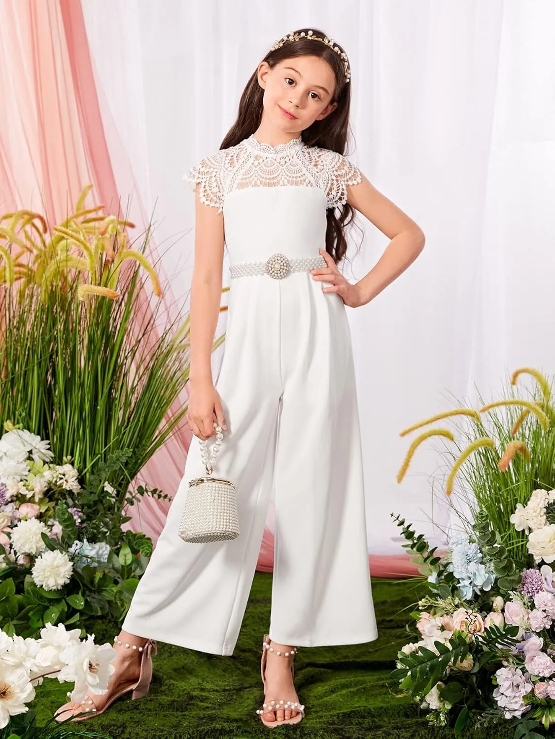 Milumia Girl's Contrast Lace Scallop Cap Sleeve Mock Neck High Waist Long Jumpsuit Overalls