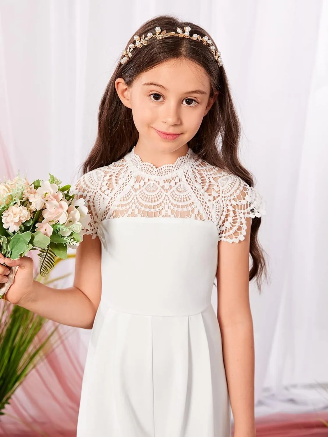 Milumia Girl's Contrast Lace Scallop Cap Sleeve Mock Neck High Waist Long Jumpsuit Overalls
