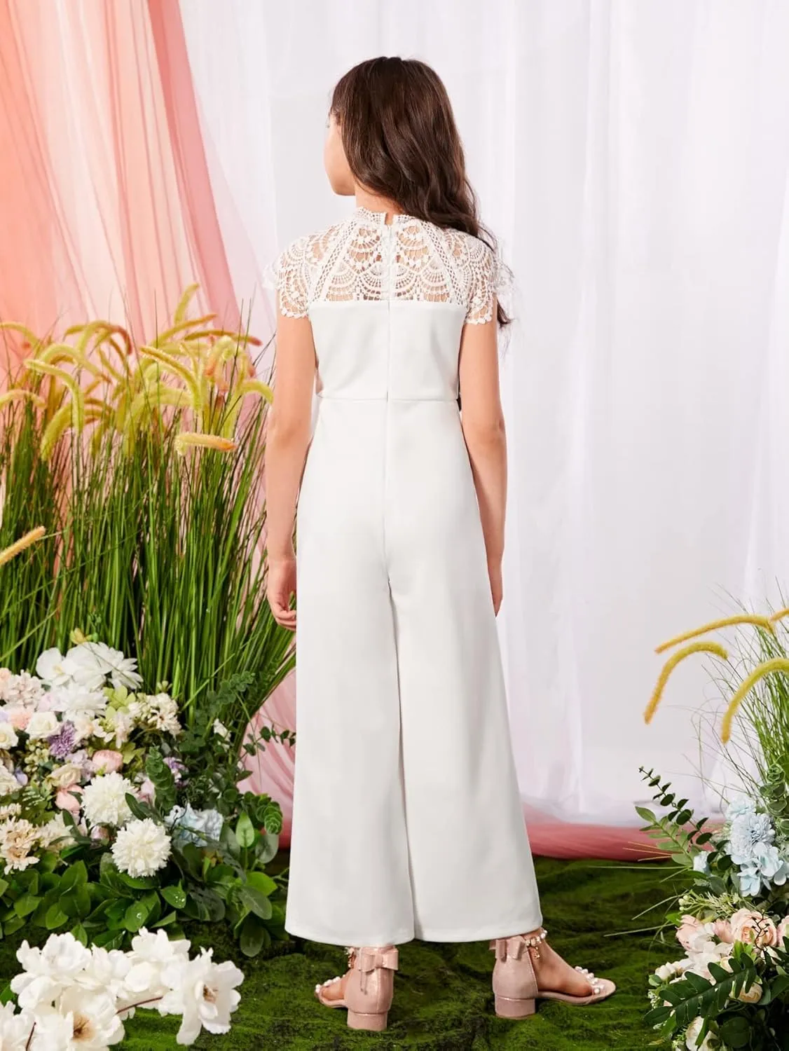 Milumia Girl's Contrast Lace Scallop Cap Sleeve Mock Neck High Waist Long Jumpsuit Overalls