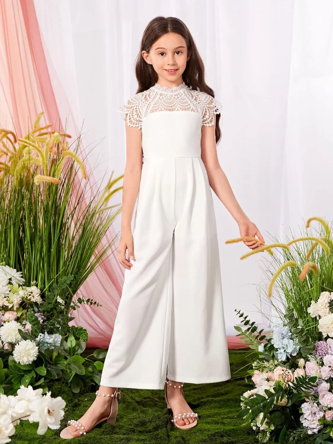 Milumia Girl's Contrast Lace Scallop Cap Sleeve Mock Neck High Waist Long Jumpsuit Overalls