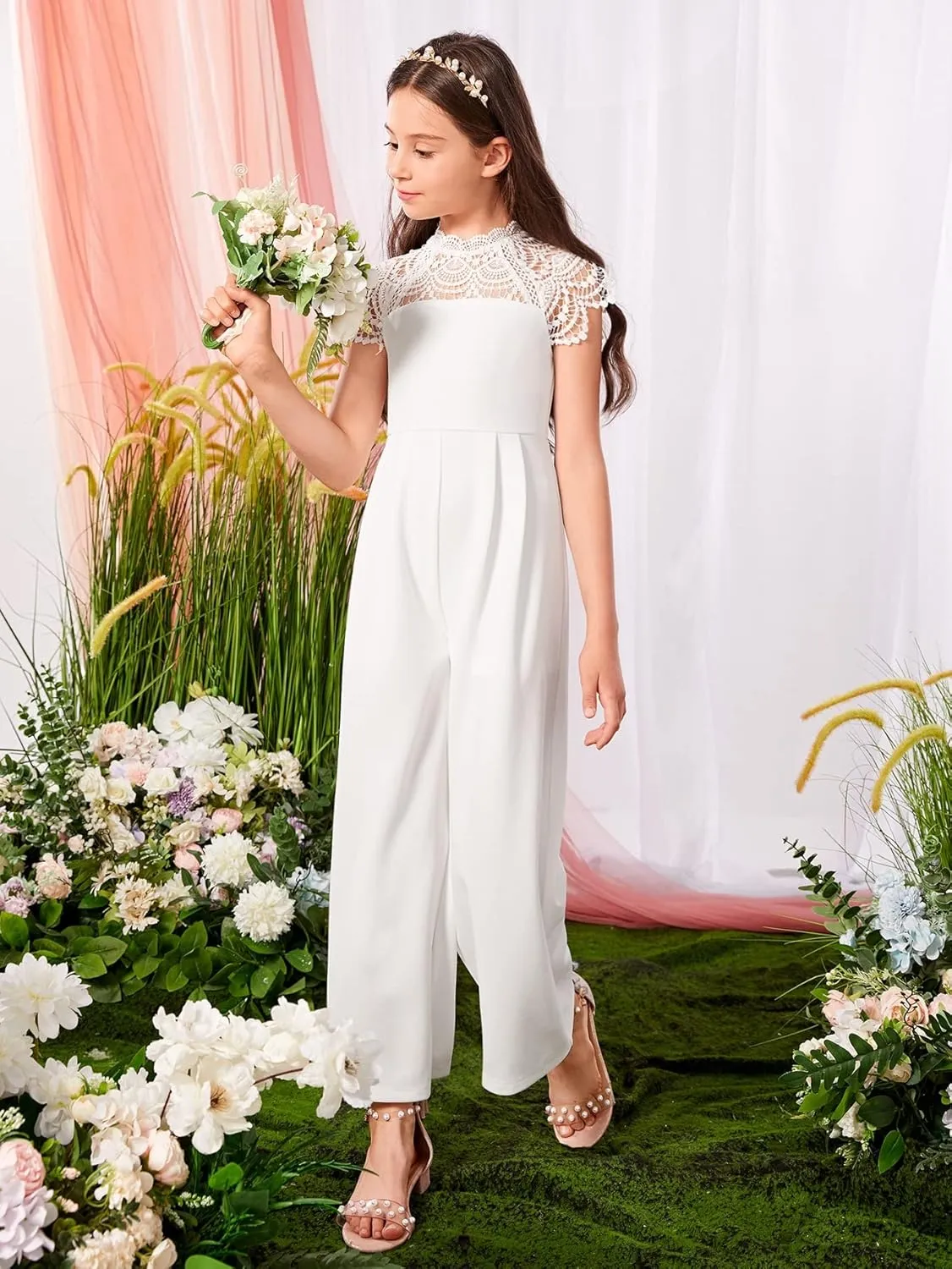 Milumia Girl's Contrast Lace Scallop Cap Sleeve Mock Neck High Waist Long Jumpsuit Overalls