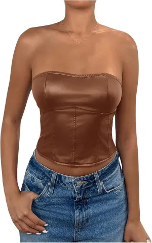 Milumia Women's Pu Leather Tube Crop Tops Lace Up Bustier Tops