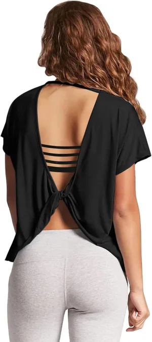 Mippo Womens Open Back Workout Tops Loose Short Sleeve Athletic Gym T Shirts