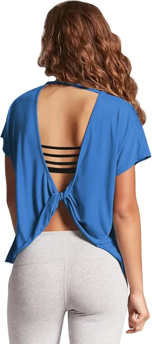 Mippo Womens Open Back Workout Tops Loose Short Sleeve Athletic Gym T Shirts