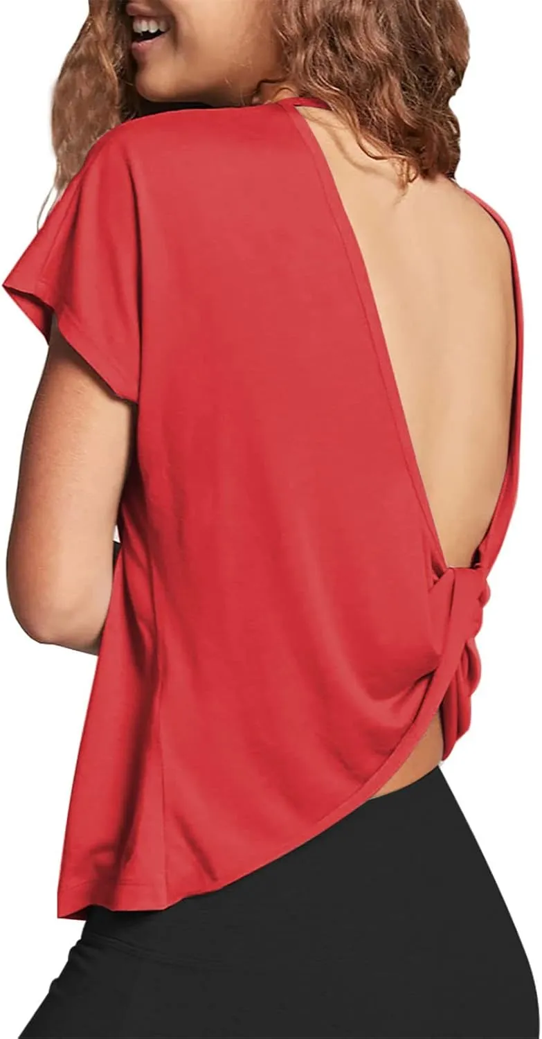 Mippo Womens Open Back Workout Tops Loose Short Sleeve Athletic Gym T Shirts