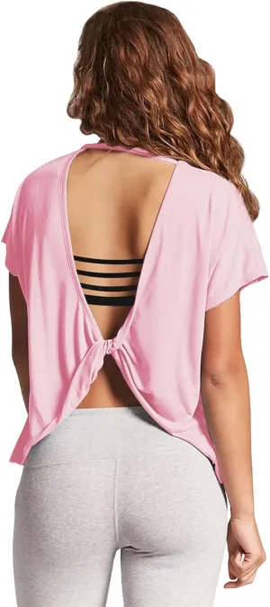 Mippo Womens Open Back Workout Tops Loose Short Sleeve Athletic Gym T Shirts