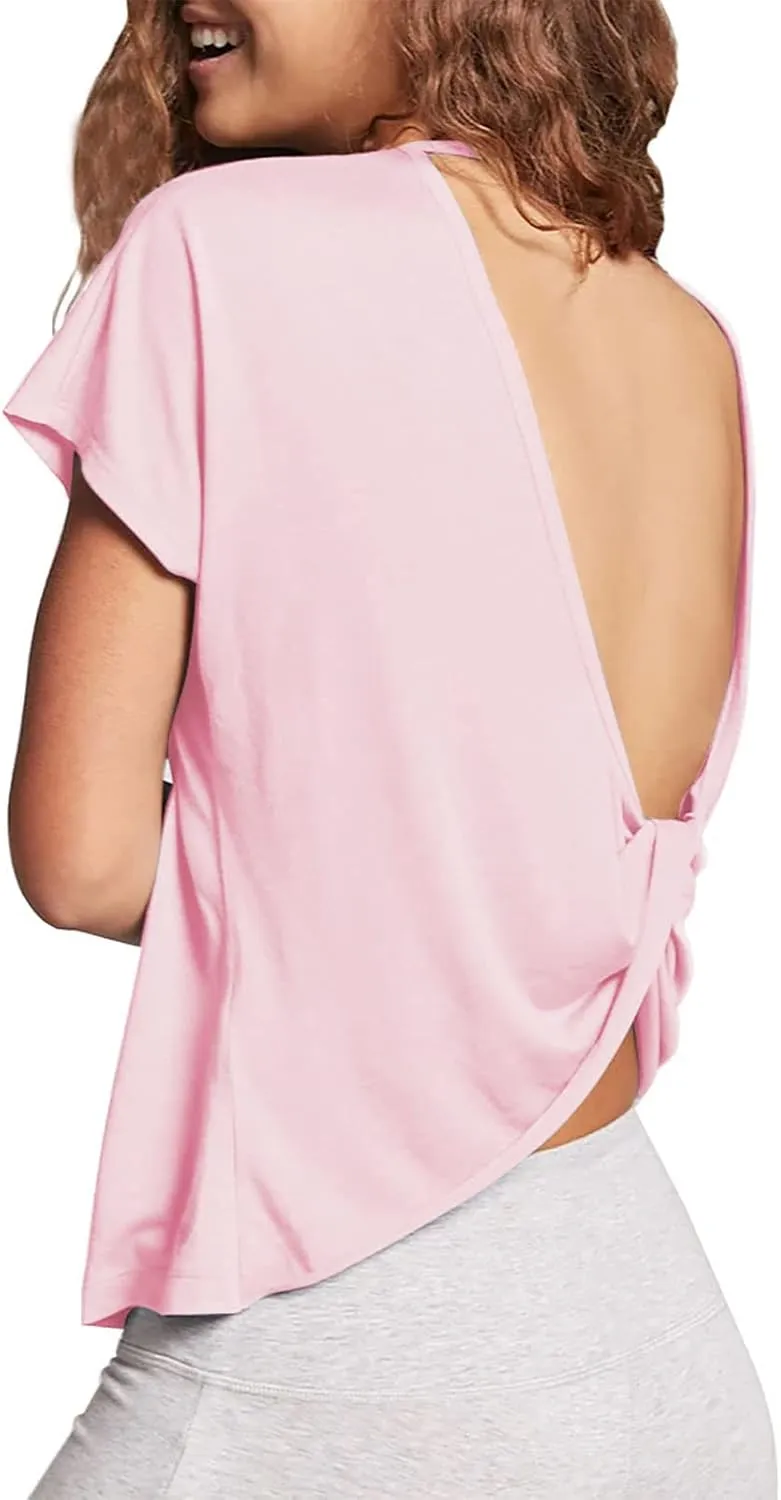 Mippo Womens Open Back Workout Tops Loose Short Sleeve Athletic Gym T Shirts