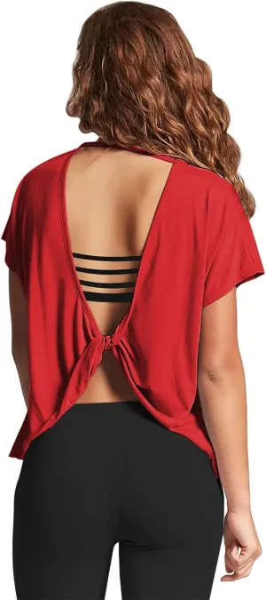 Mippo Womens Open Back Workout Tops Loose Short Sleeve Athletic Gym T Shirts
