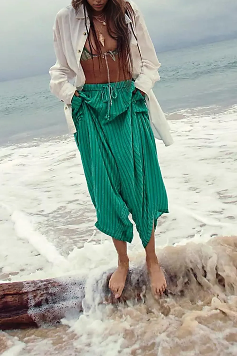 MISSACTIVER Women Summer Striped Harem Pants Flowy Baggy Casual Wide Leg Trousers Drawstring Boho Palazzo Pants with Pockets