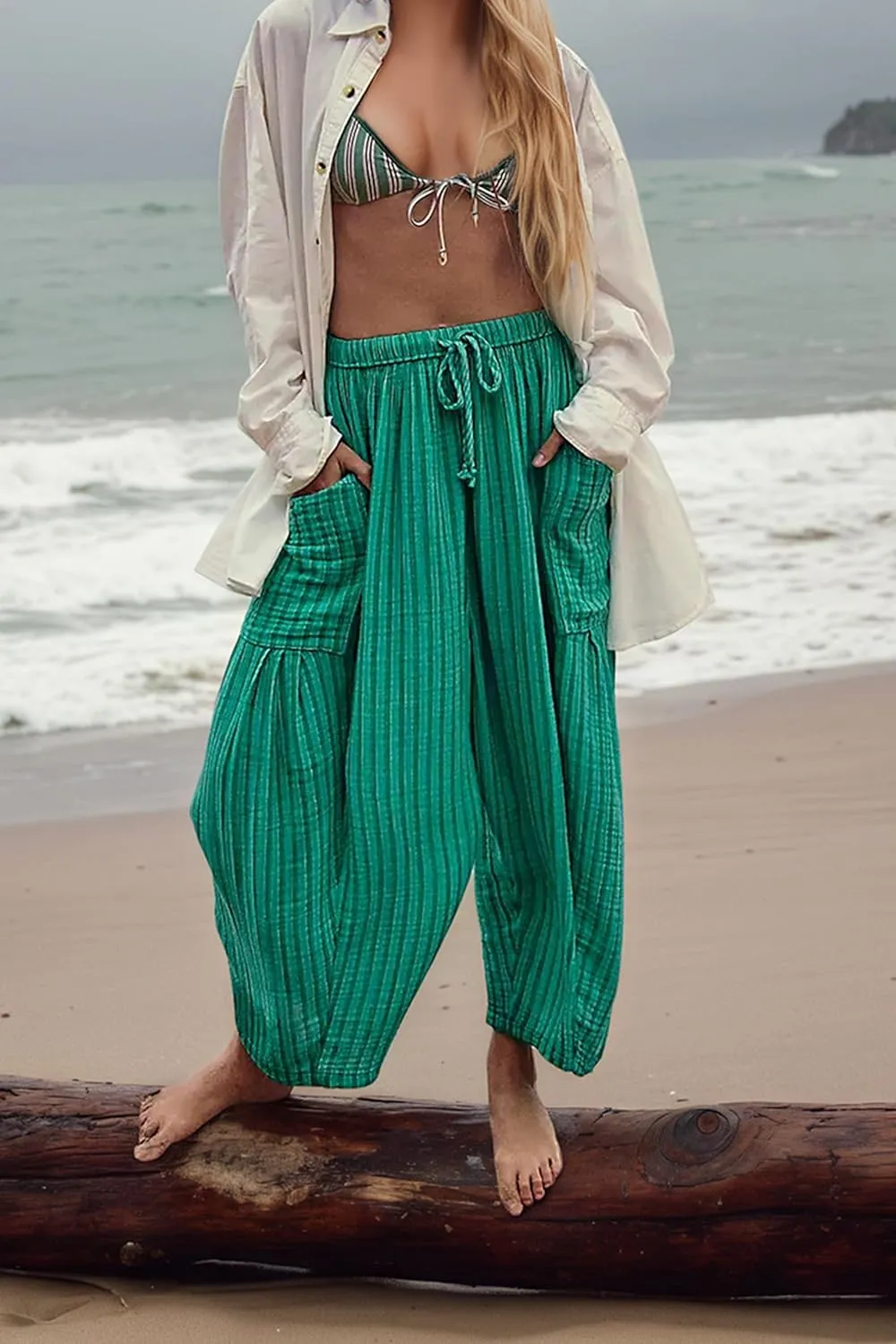 MISSACTIVER Women Summer Striped Harem Pants Flowy Baggy Casual Wide Leg Trousers Drawstring Boho Palazzo Pants with Pockets