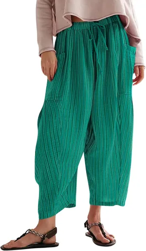 MISSACTIVER Women Summer Striped Harem Pants Flowy Baggy Casual Wide Leg Trousers Drawstring Boho Palazzo Pants with Pockets