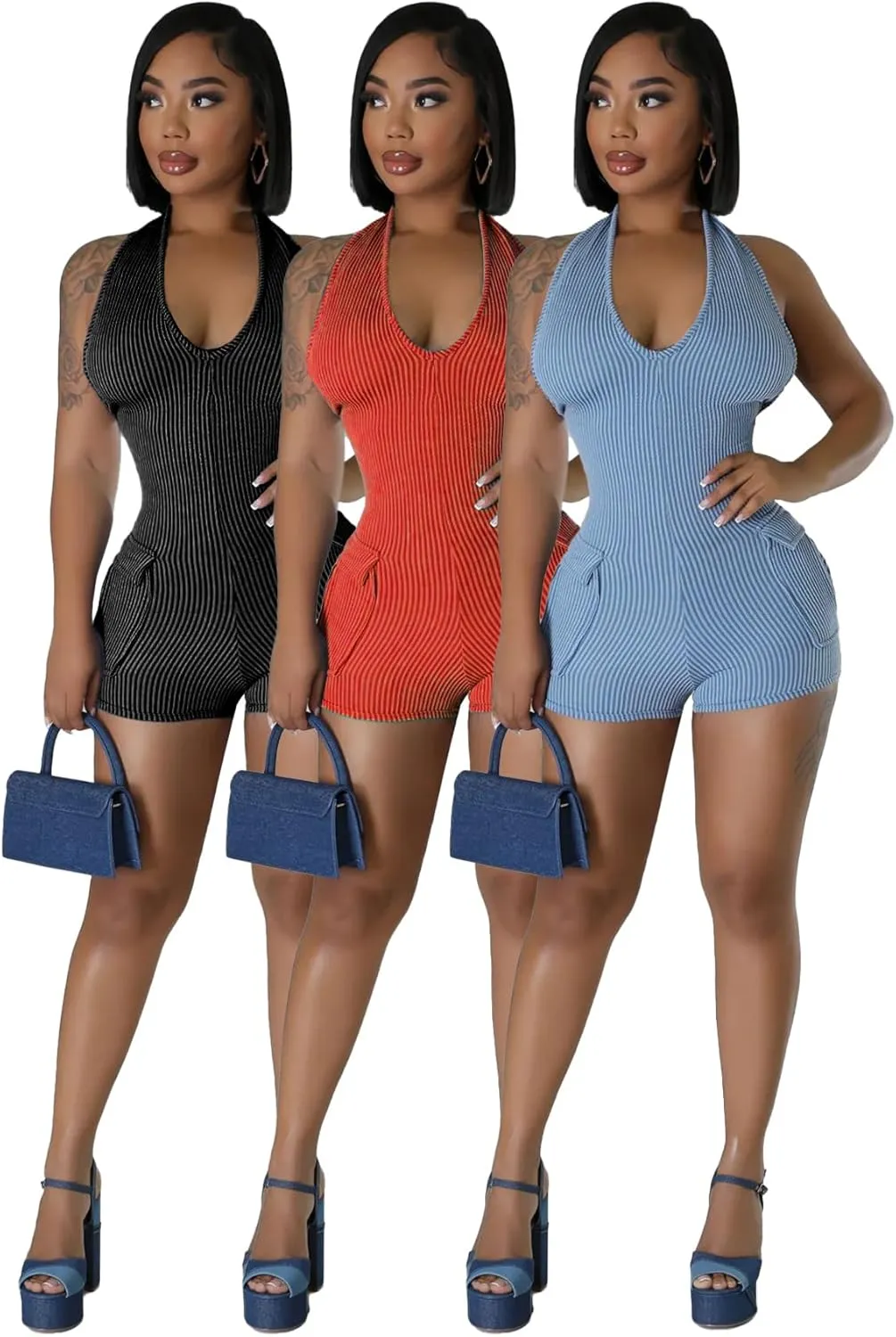 Molilove Women's Sexy Short Jumpsuits V Neck Sleeveless High Elasticity Short Rompers with Pockets Bodycon One Piece Outfits