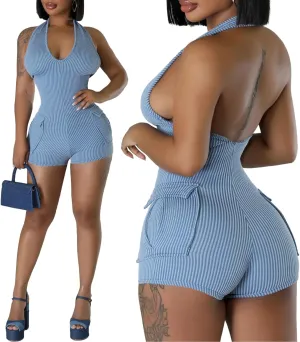Molilove Women's Sexy Short Jumpsuits V Neck Sleeveless High Elasticity Short Rompers with Pockets Bodycon One Piece Outfits