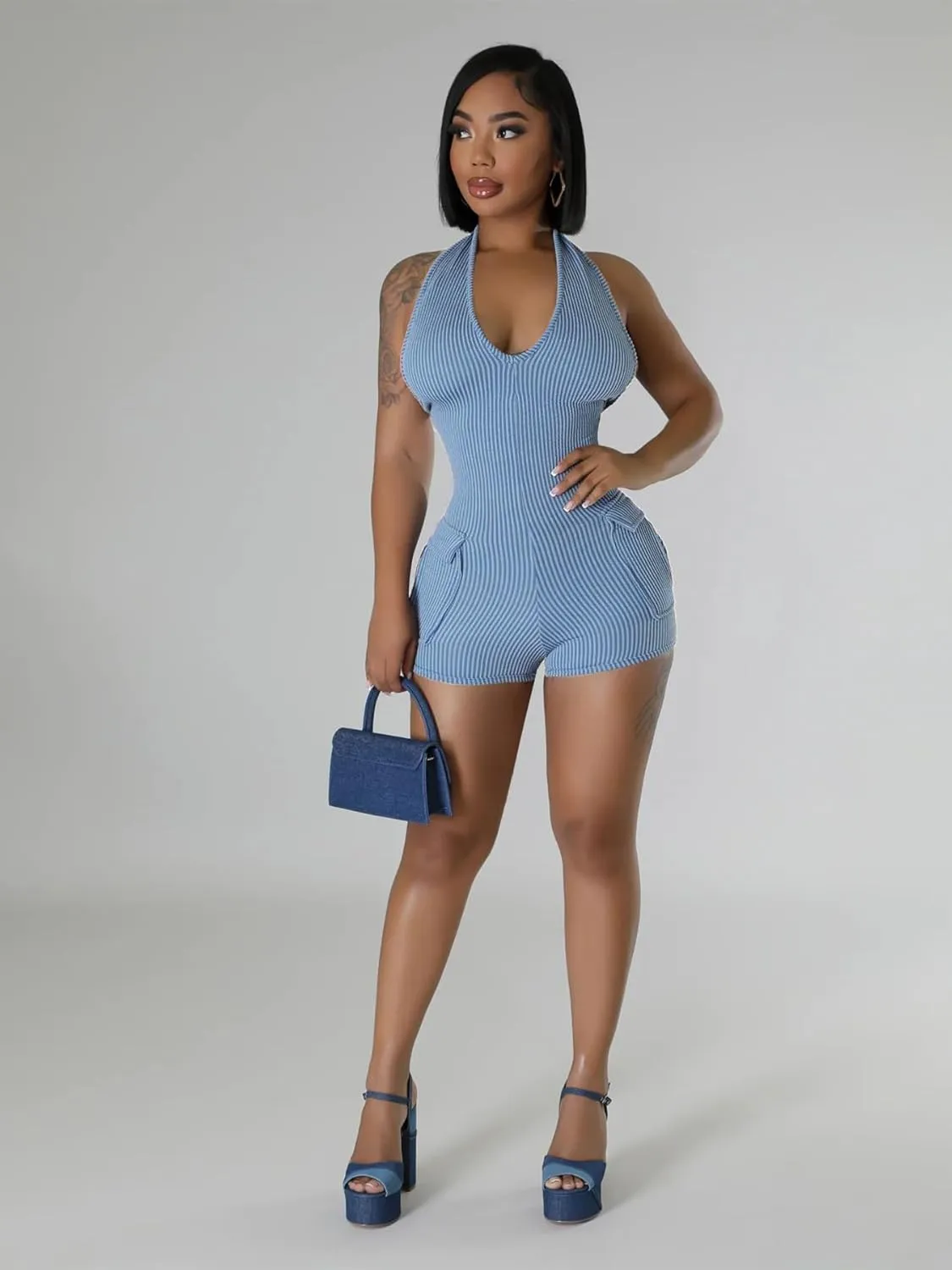 Molilove Women's Sexy Short Jumpsuits V Neck Sleeveless High Elasticity Short Rompers with Pockets Bodycon One Piece Outfits