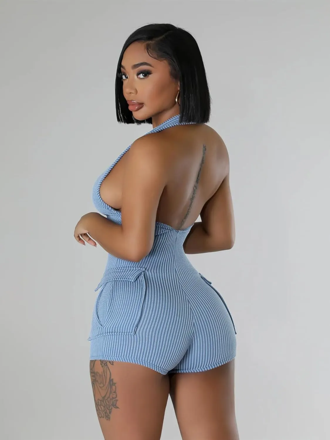 Molilove Women's Sexy Short Jumpsuits V Neck Sleeveless High Elasticity Short Rompers with Pockets Bodycon One Piece Outfits