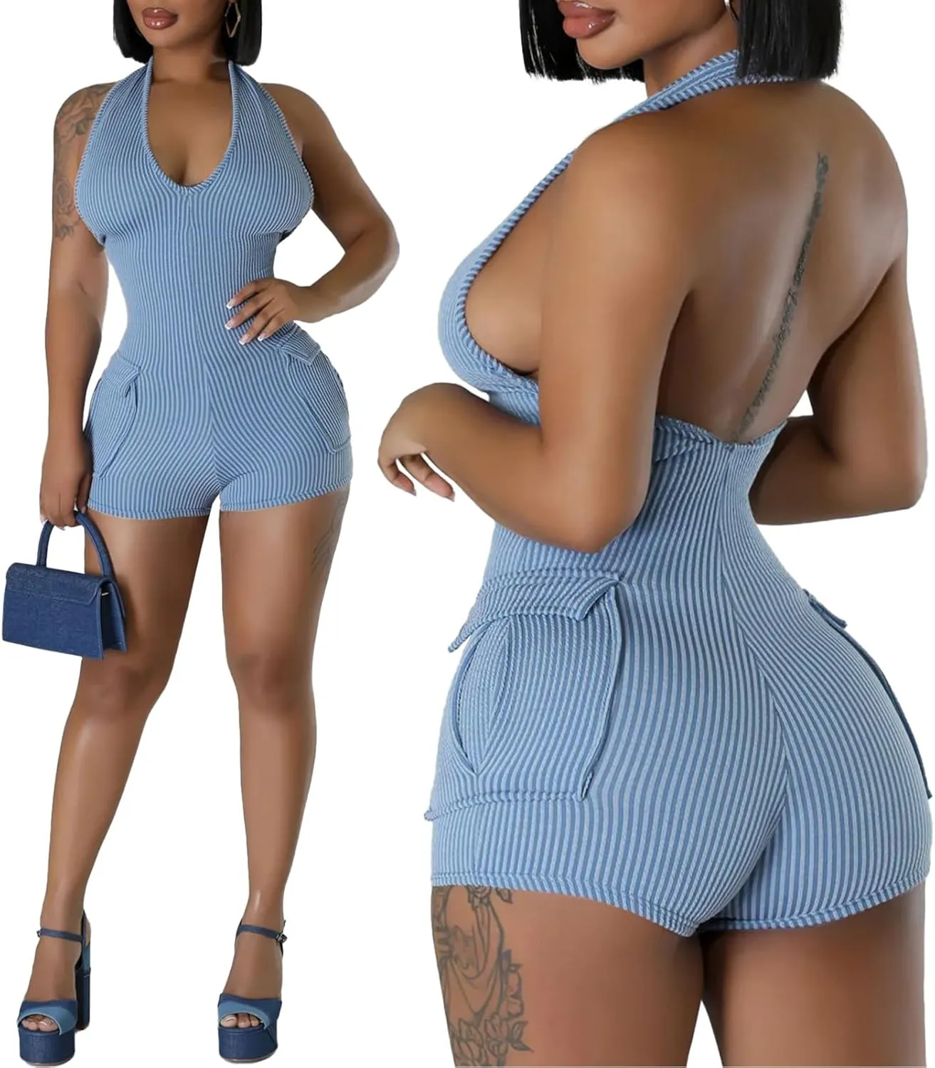 Molilove Women's Sexy Short Jumpsuits V Neck Sleeveless High Elasticity Short Rompers with Pockets Bodycon One Piece Outfits