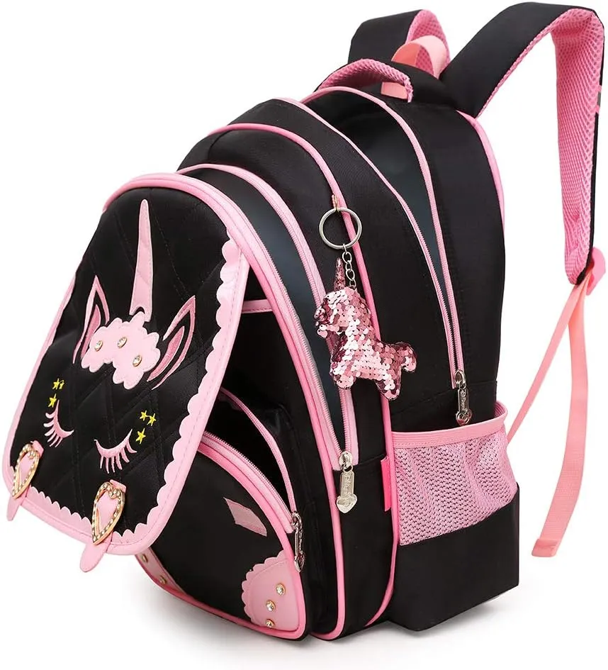 Moonmo Cute Unicorn Face Diamond Sequins Waterproof Princess School Backpack Set Girls Book Bag