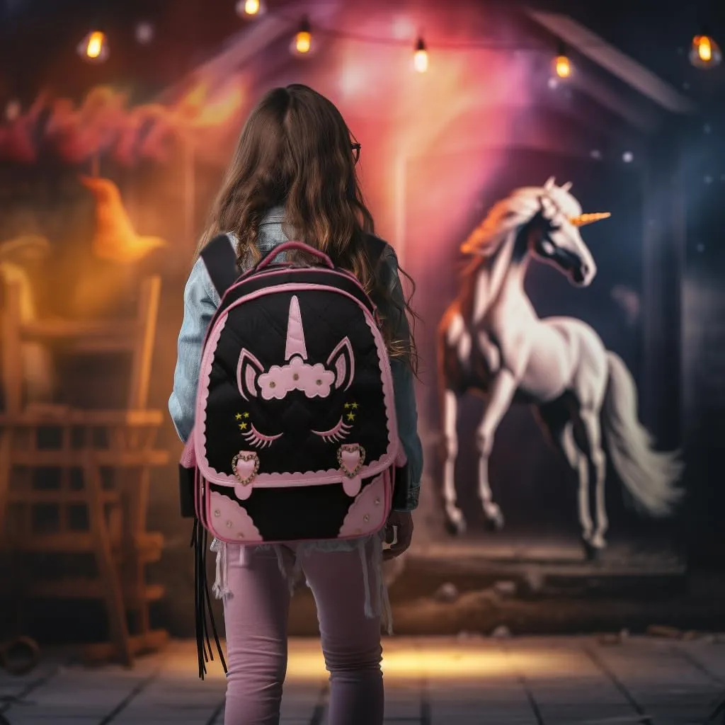 Moonmo Cute Unicorn Face Diamond Sequins Waterproof Princess School Backpack Set Girls Book Bag