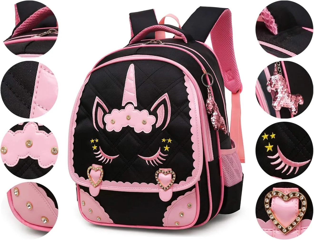 Moonmo Cute Unicorn Face Diamond Sequins Waterproof Princess School Backpack Set Girls Book Bag