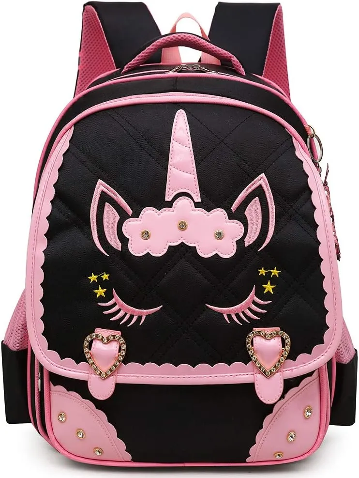 Moonmo Cute Unicorn Face Diamond Sequins Waterproof Princess School Backpack Set Girls Book Bag