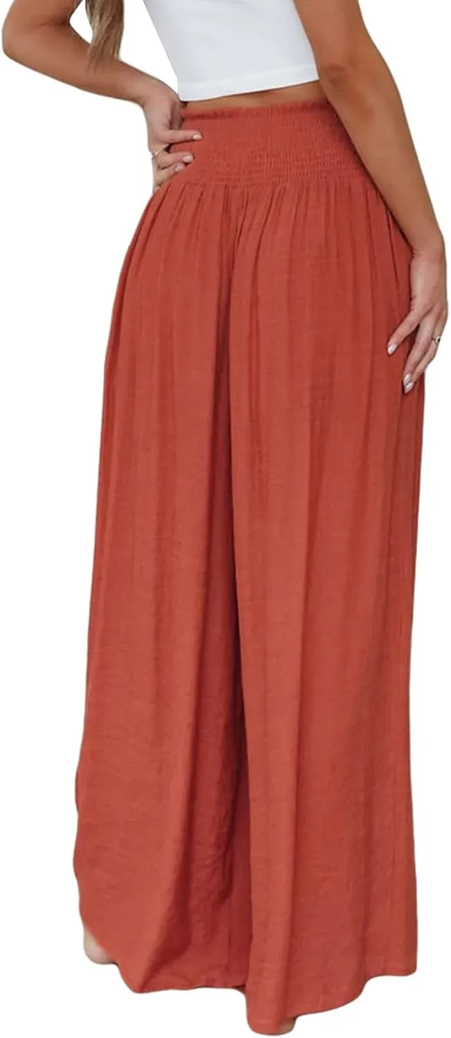 Mtsebmves Women Casual Wide Leg Palazzo Lounge Pants Elastic High Waist Wide Leg Yoga Trousers with Pockets